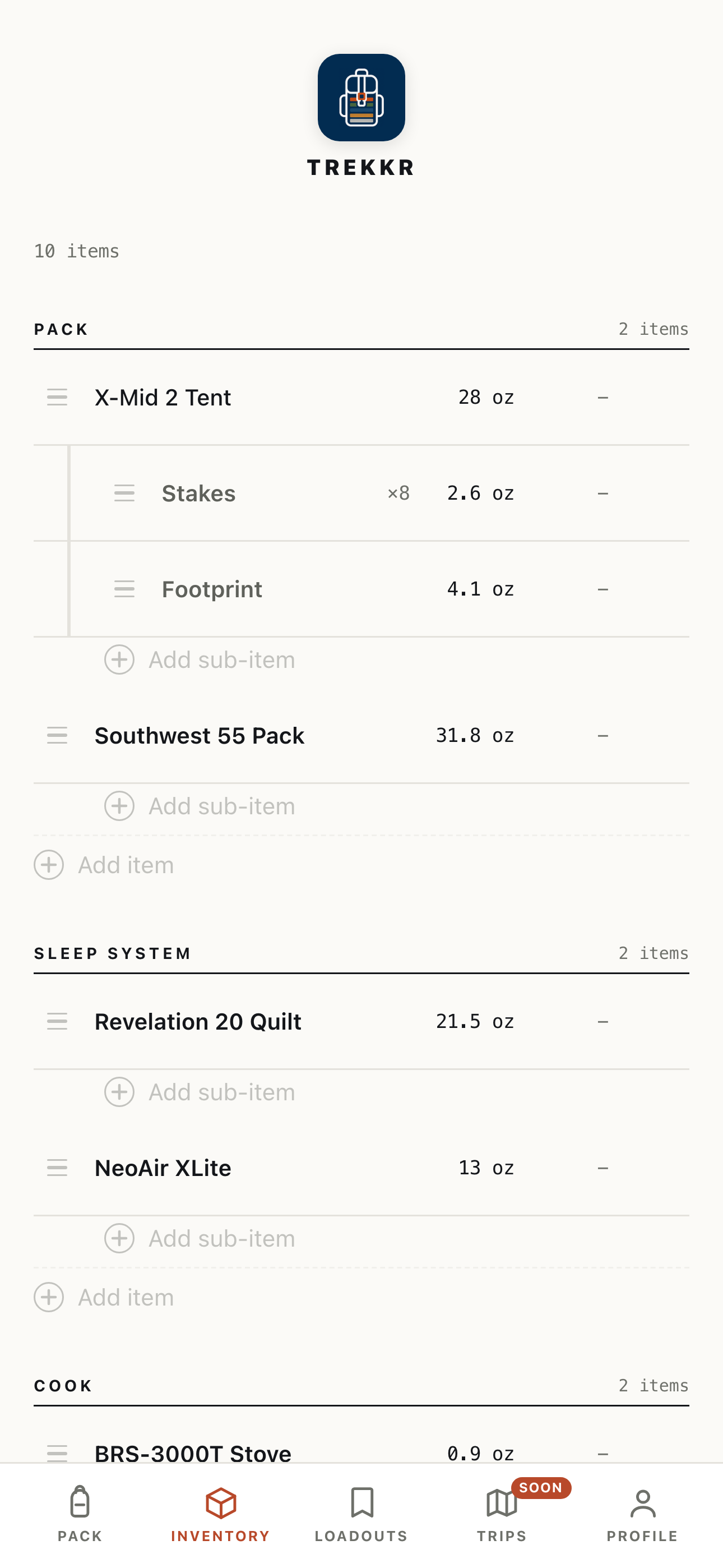 Trekkr Inventory screen listing gear by category with weights